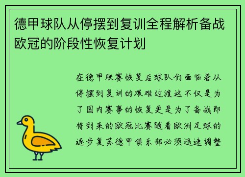 德甲球队从停摆到复训全程解析备战欧冠的阶段性恢复计划