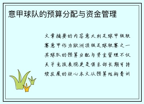 意甲球队的预算分配与资金管理