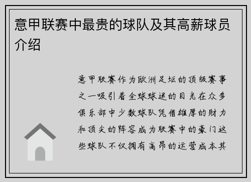 意甲联赛中最贵的球队及其高薪球员介绍