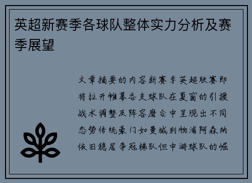 英超新赛季各球队整体实力分析及赛季展望
